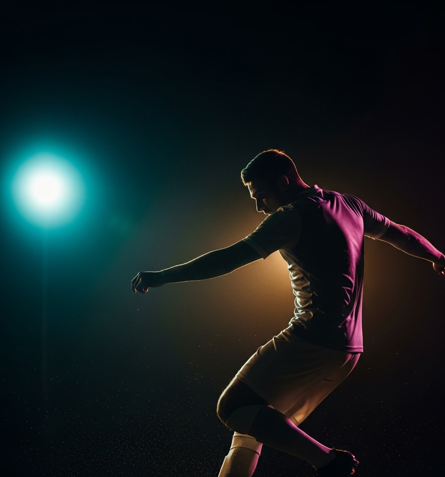 A footballer mid-stride under a single floodlight on a dark pitch — TIYO Football launch artwork